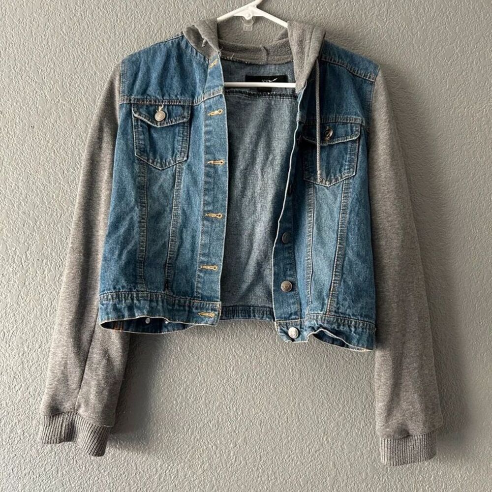 Y2K Hybrid Trucker Style Denim Hooded Jacket Medium Wash Cropped Large